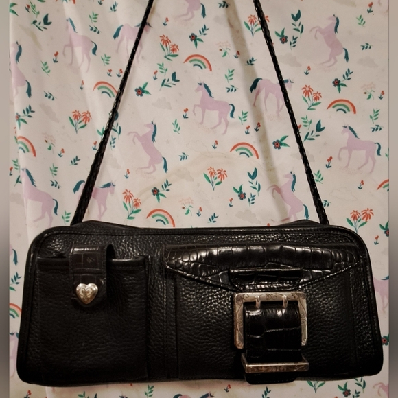 Vintage 90s Brighton Black Pebble Leather Neutral Purse Bag w/ Braid Strap